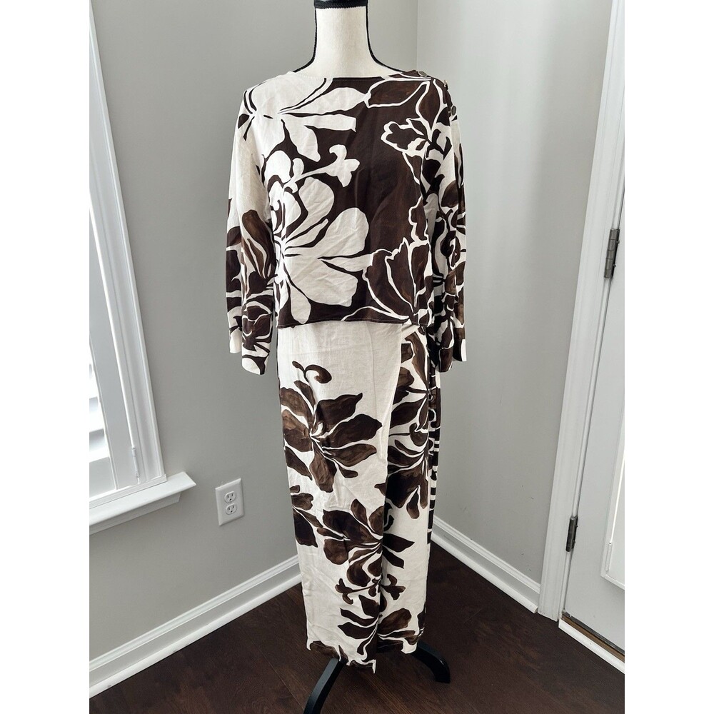 ZARA Brown Linen Floral Print Wrap Pants And Matching Top Small/Medium EUC - Picture 4 of 14